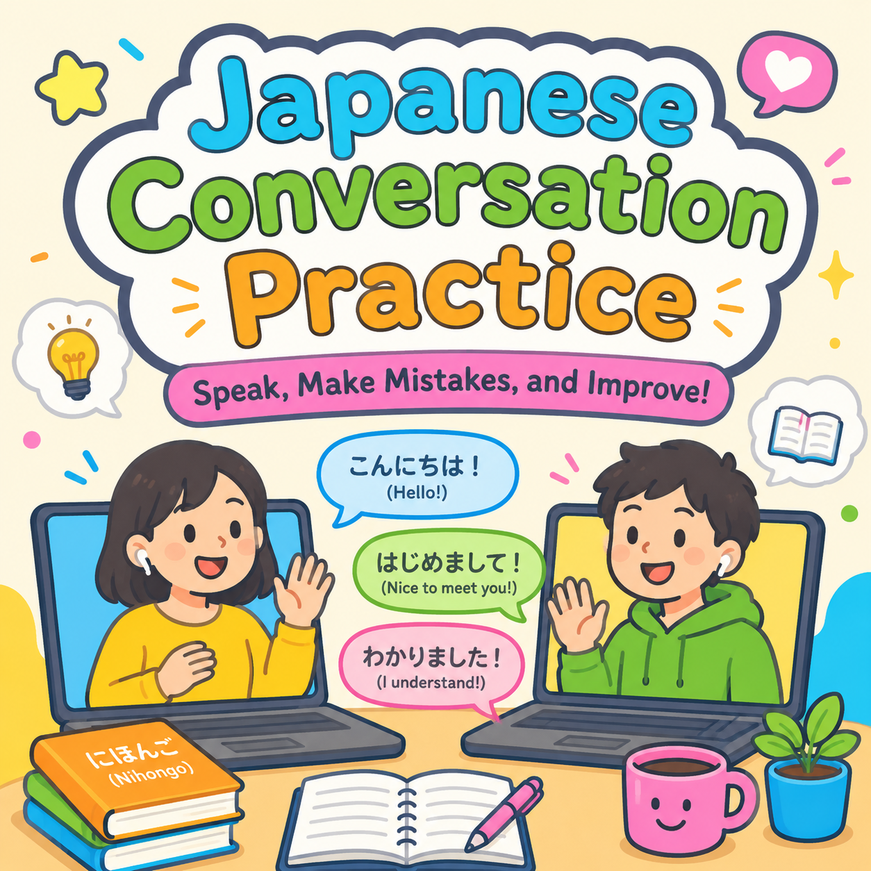 外国人学習者とオンラインで日本語の会話練習をするイメージ